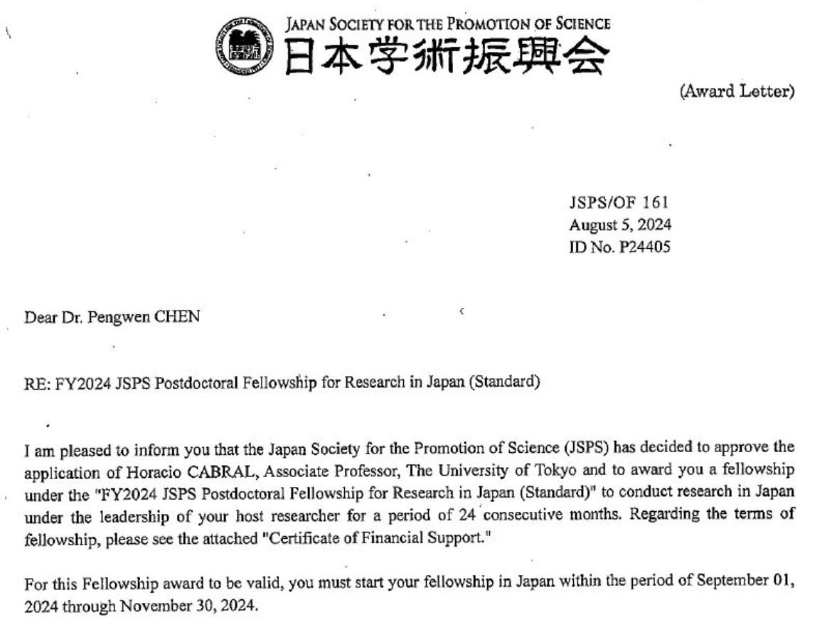 CHEN is awarded the JSPS Postdoctoral Fellowship